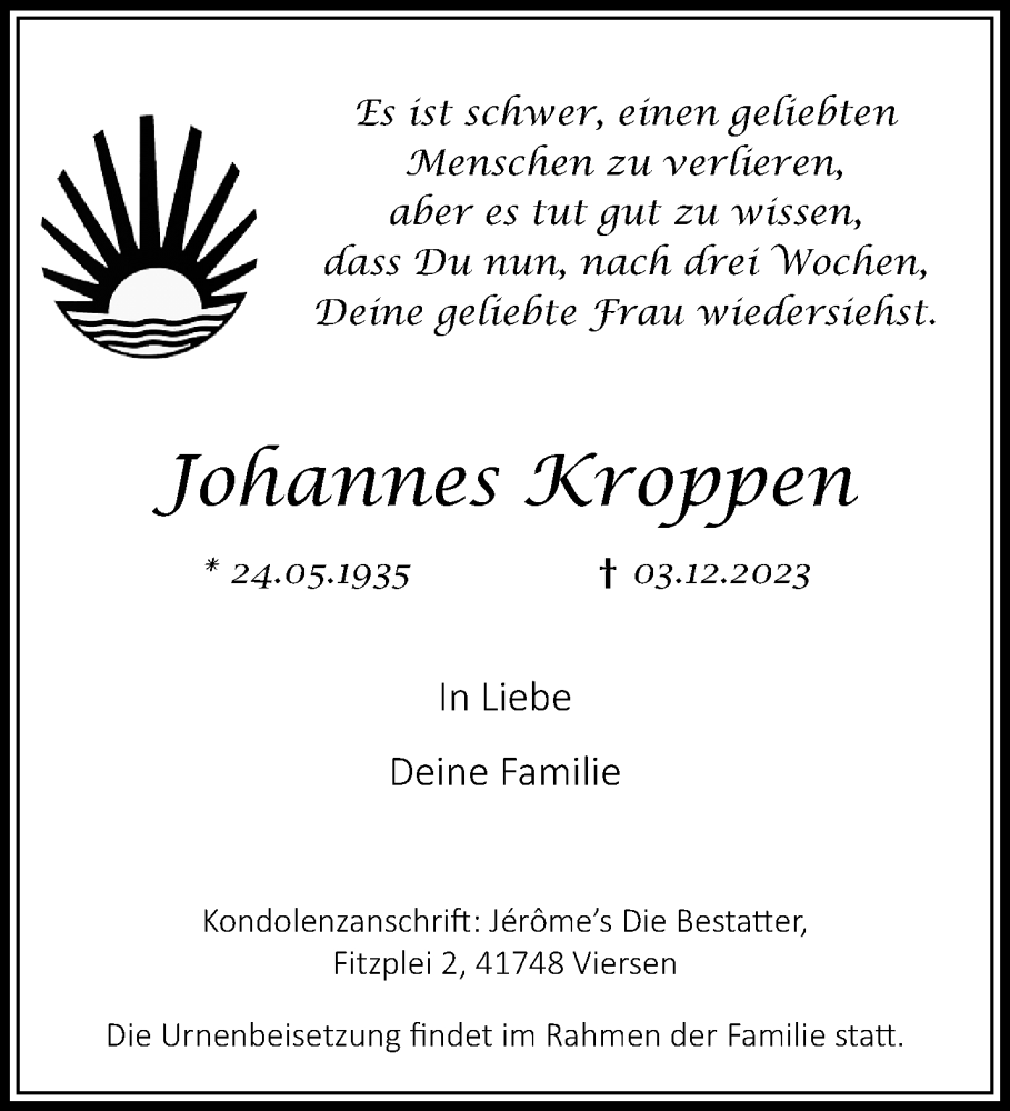  Traueranzeige für Johannes Kroppen vom 17.12.2023 aus trauer.extra-tipp-moenchengladbach.de