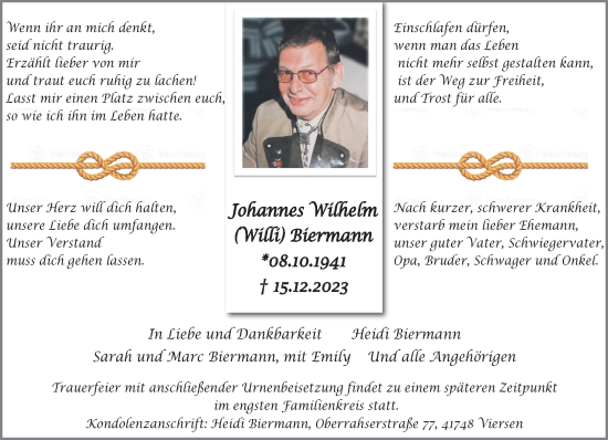Traueranzeige von Johannes Wilhelm Biermann von trauer.extra-tipp-moenchengladbach.de