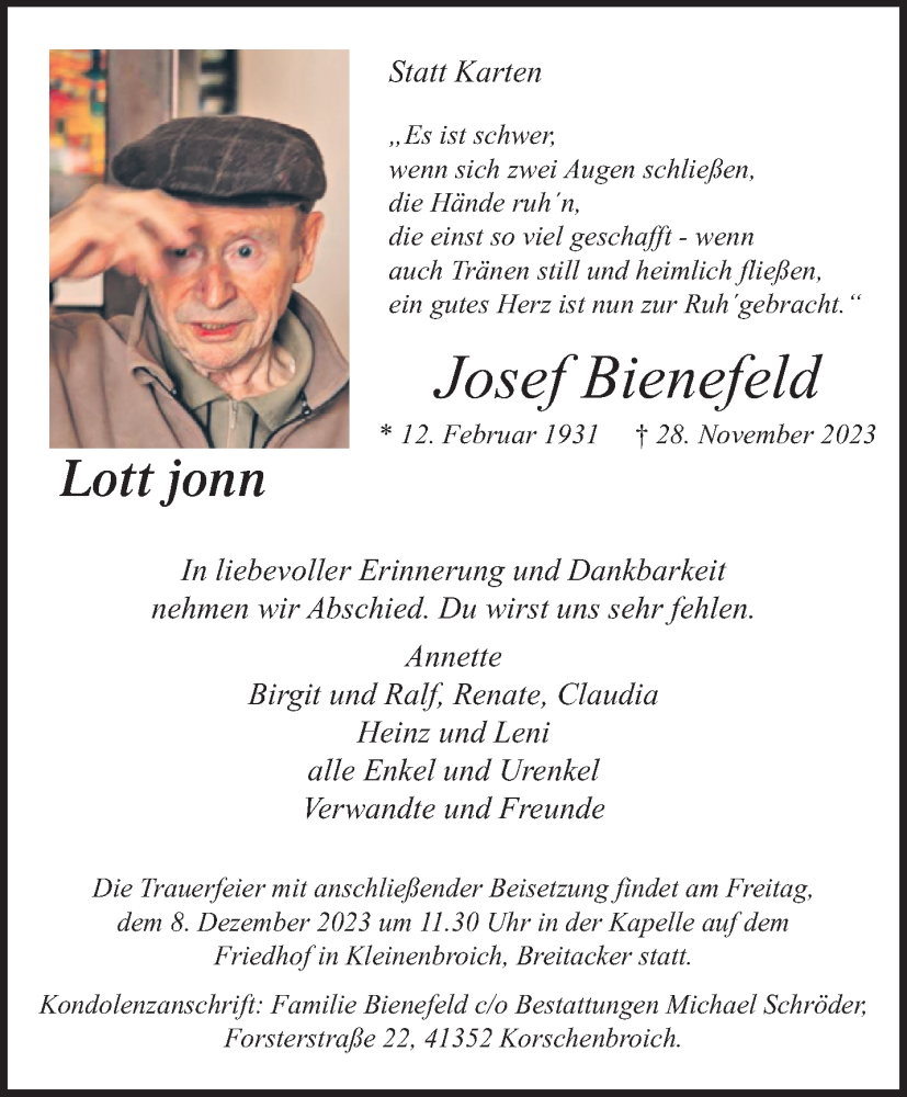  Traueranzeige für Josef Bienefeld vom 03.12.2023 aus trauer.extra-tipp-moenchengladbach.de