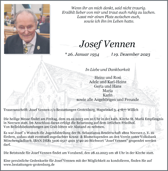 Traueranzeige von Josef Vennen von trauer.extra-tipp-moenchengladbach.de