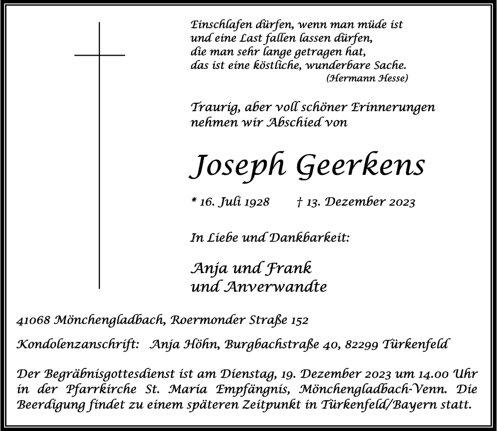  Traueranzeige für Joseph Geerkens vom 17.12.2023 aus trauer.extra-tipp-moenchengladbach.de