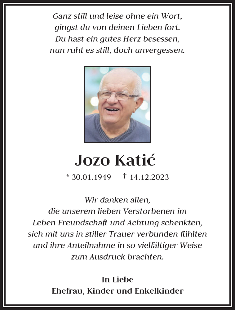  Traueranzeige für Jozo Katic vom 23.12.2023 aus trauer.wuppertaler-rundschau.de
