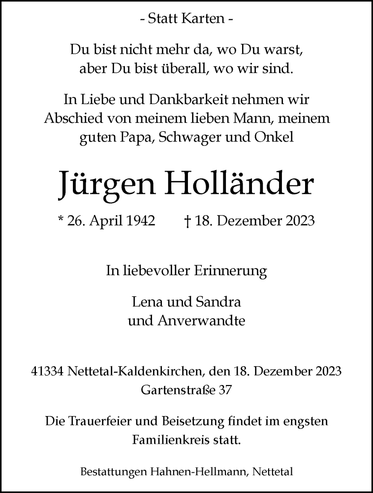  Traueranzeige für Jürgen Holländer vom 24.12.2023 aus trauer.extra-tipp-moenchengladbach.de
