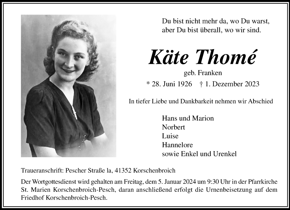  Traueranzeige für Käte Thome vom 17.12.2023 aus trauer.extra-tipp-moenchengladbach.de