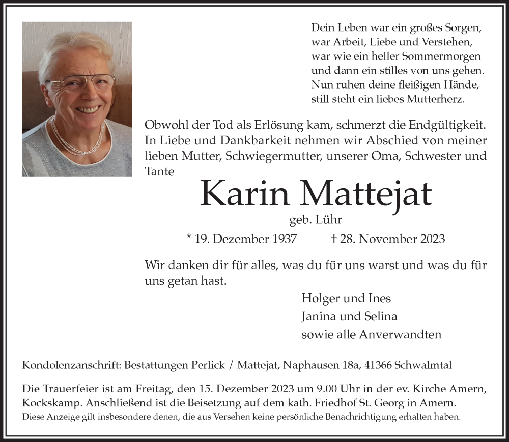  Traueranzeige für Karin Mattejat vom 10.12.2023 aus trauer.extra-tipp-moenchengladbach.de