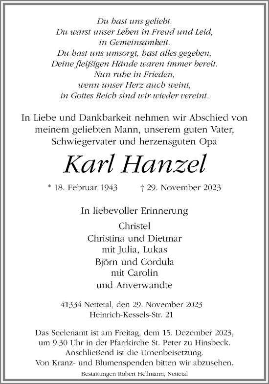 Traueranzeige von Karl Hanzel von trauer.extra-tipp-moenchengladbach.de