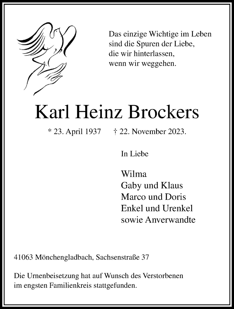  Traueranzeige für Karl Heinz Brockers vom 17.12.2023 aus trauer.extra-tipp-moenchengladbach.de