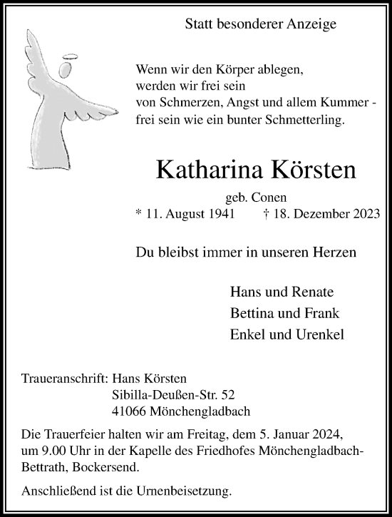Traueranzeige von Katharina Körsten von trauer.extra-tipp-moenchengladbach.de