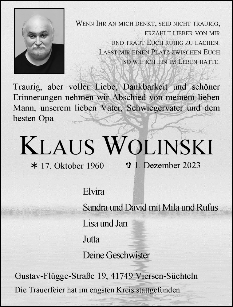  Traueranzeige für Klaus Wolinski vom 24.12.2023 aus trauer.extra-tipp-moenchengladbach.de