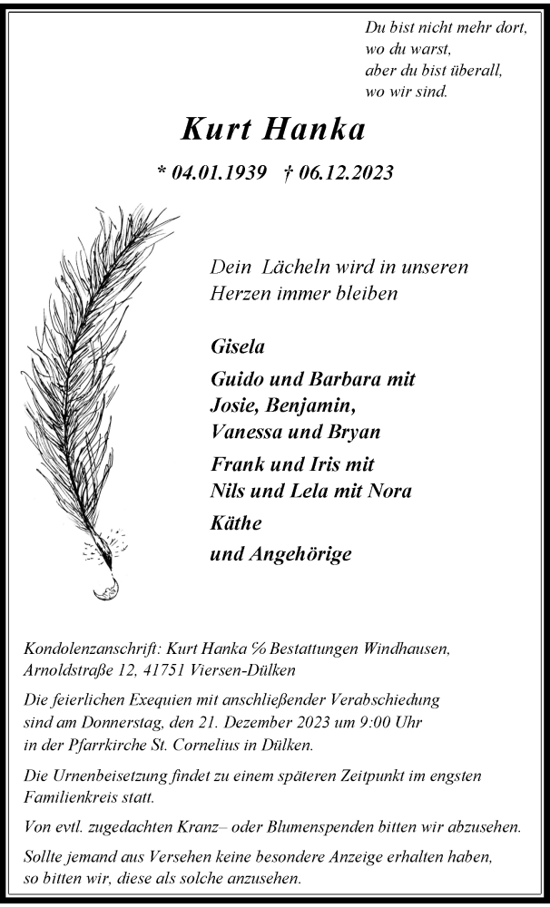 Traueranzeige für Kurt Hanka vom 17.12.2023 aus trauer.extra-tipp-moenchengladbach.de