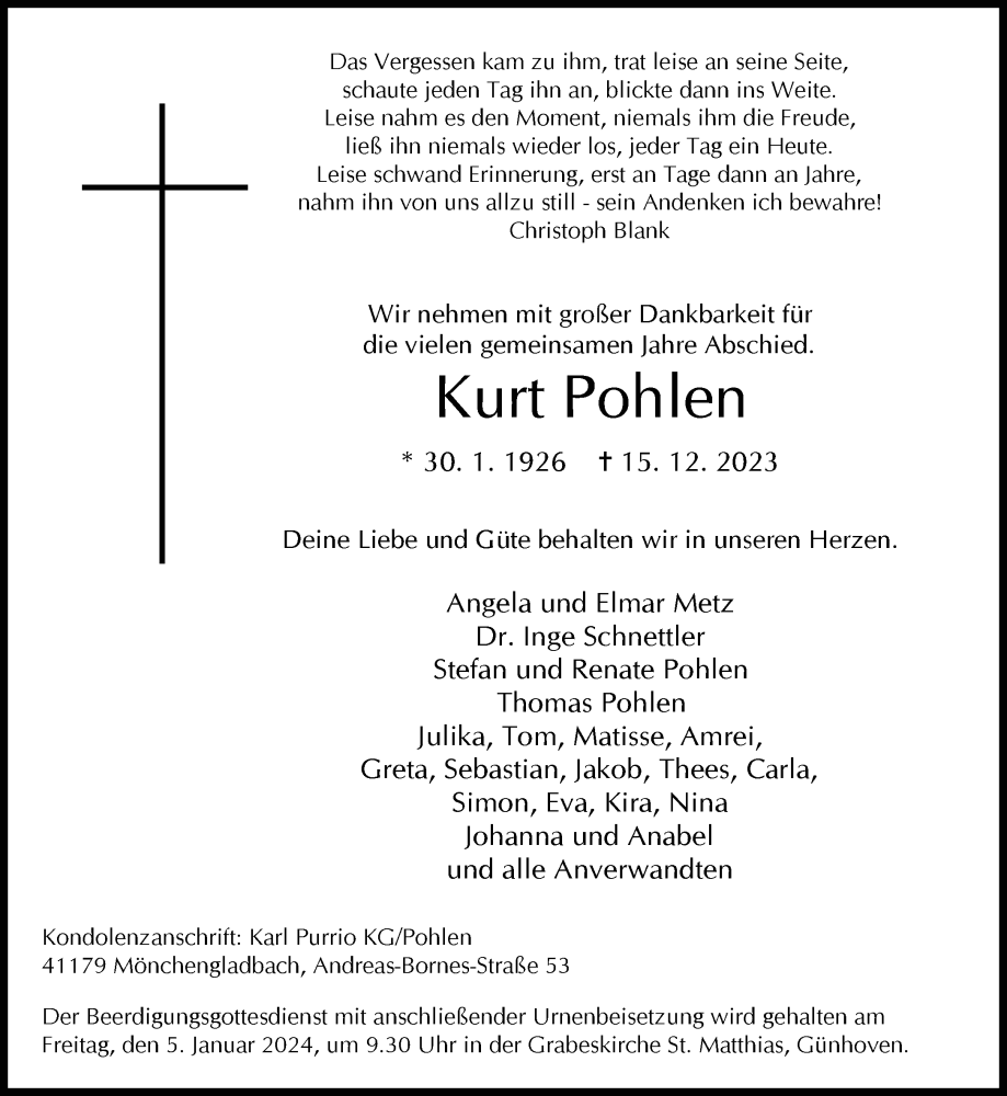  Traueranzeige für Kurt Pohlen vom 31.12.2023 aus trauer.extra-tipp-moenchengladbach.de