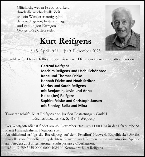 Traueranzeige von Kurt Reifgens von trauer.extra-tipp-moenchengladbach.de