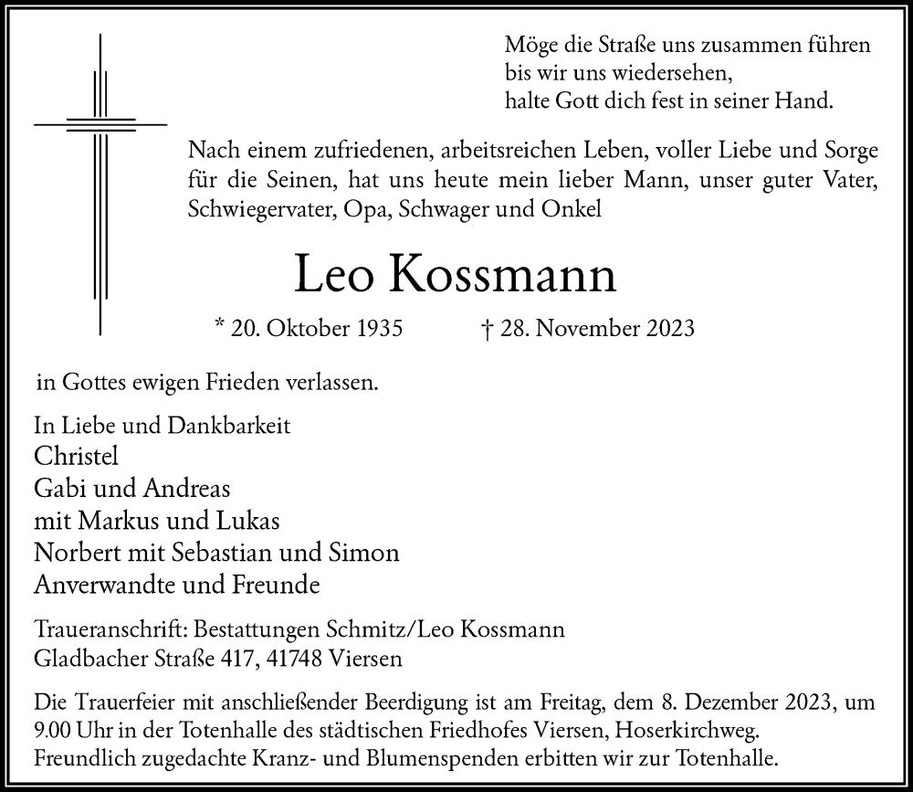  Traueranzeige für Leo Kossmann vom 03.12.2023 aus trauer.extra-tipp-moenchengladbach.de