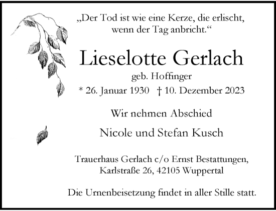 Traueranzeige von Lieselotte Gerlach von trauer.wuppertaler-rundschau.de