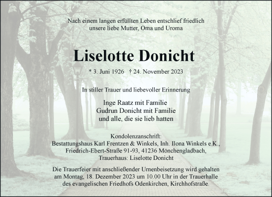 Traueranzeige von Liselotte Donicht von trauer.extra-tipp-moenchengladbach.de