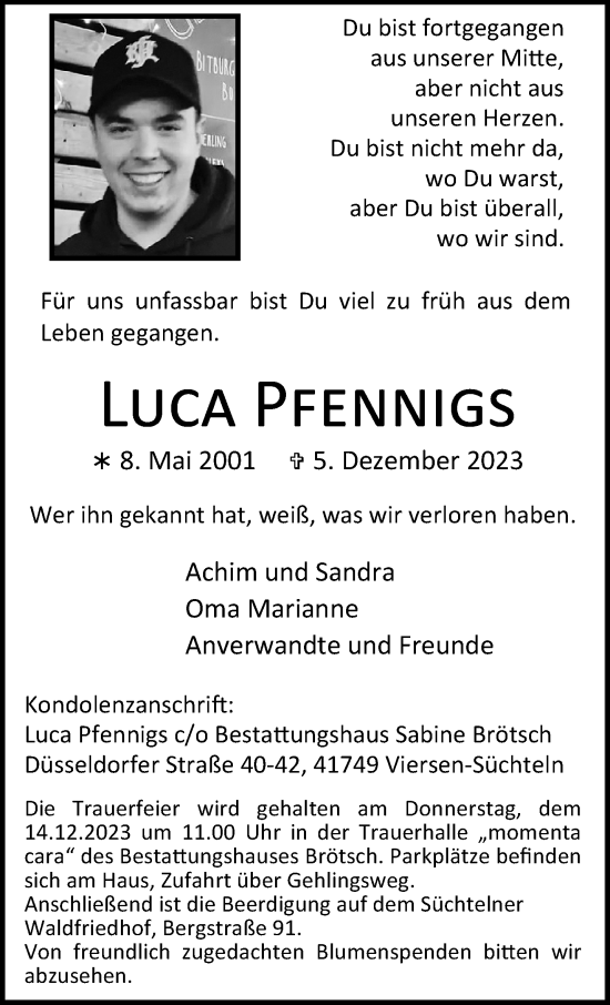 Traueranzeige von Luca Pfennigs von trauer.extra-tipp-moenchengladbach.de