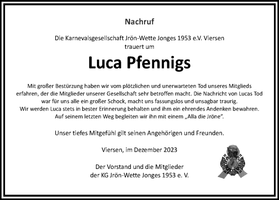 Traueranzeige von Luca Pfennigs von trauer.extra-tipp-moenchengladbach.de