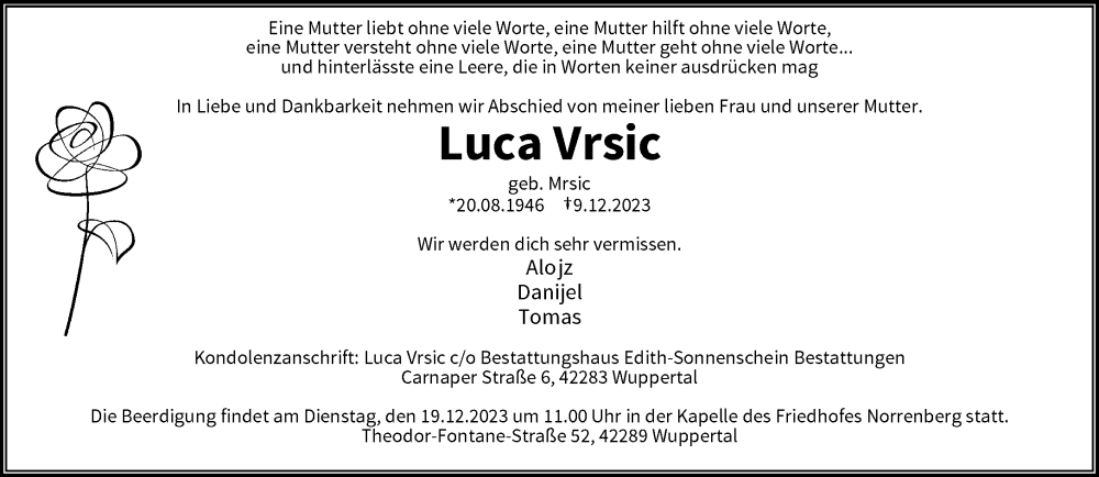  Traueranzeige für Luca Vrsic vom 16.12.2023 aus trauer.wuppertaler-rundschau.de