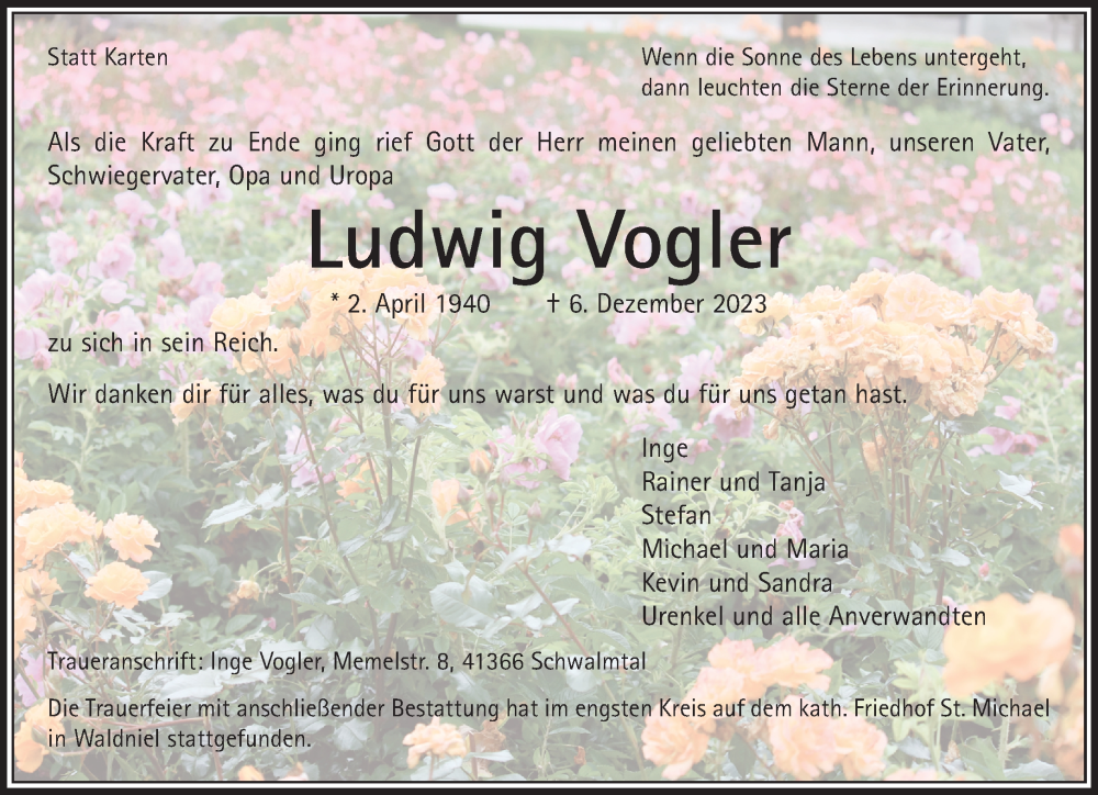  Traueranzeige für Ludwig Vogler vom 17.12.2023 aus trauer.extra-tipp-moenchengladbach.de