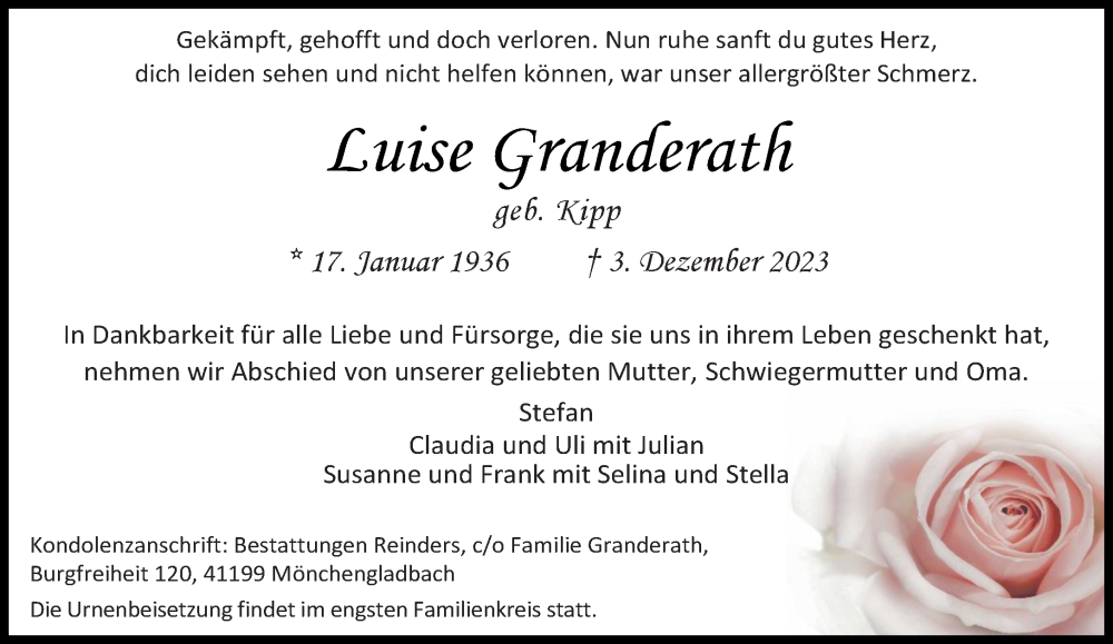  Traueranzeige für Luise Granderath vom 17.12.2023 aus trauer.extra-tipp-moenchengladbach.de