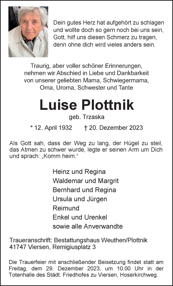  Traueranzeige für Luise Plottnik vom 24.12.2023 aus trauer.extra-tipp-moenchengladbach.de