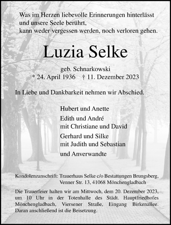 Traueranzeige von Luzia Selke von trauer.extra-tipp-moenchengladbach.de