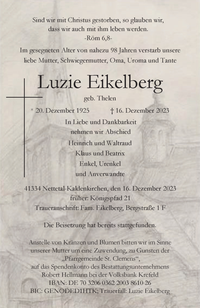  Traueranzeige für Luzie Eikelberg vom 24.12.2023 aus trauer.extra-tipp-moenchengladbach.de