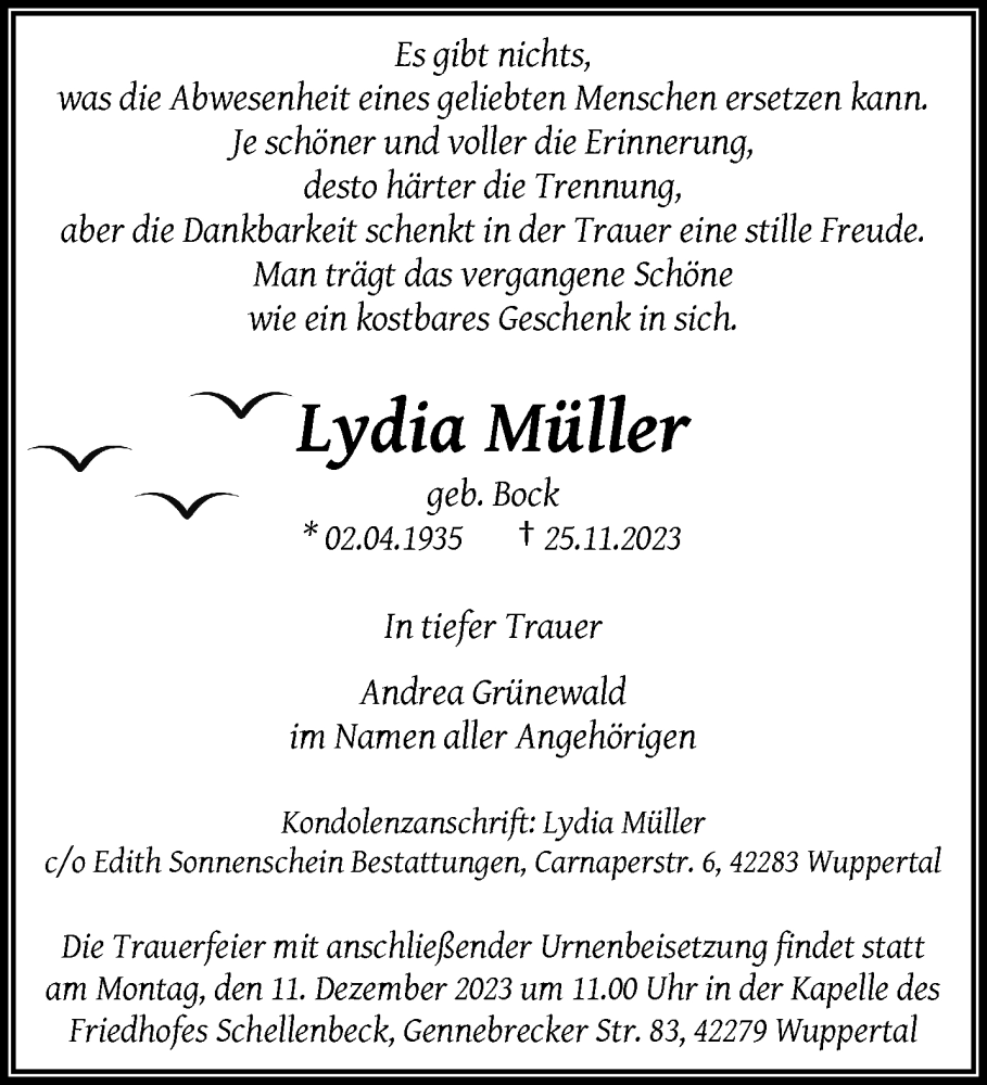 Traueranzeige für Lydia Müller vom 02.12.2023 aus trauer.wuppertaler-rundschau.de