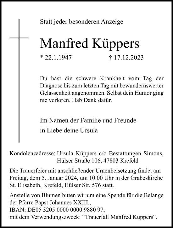 Traueranzeige von Manfred Küppers von trauer.extra-tipp-moenchengladbach.de