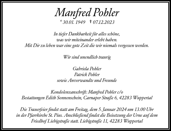 Traueranzeige von Manfred Pohler von trauer.wuppertaler-rundschau.de