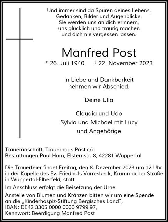Traueranzeige von Manfred Post von trauer.wuppertaler-rundschau.de