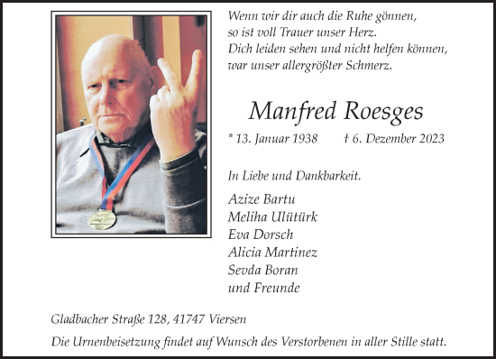 Traueranzeige von Manfred Roesges von trauer.extra-tipp-moenchengladbach.de