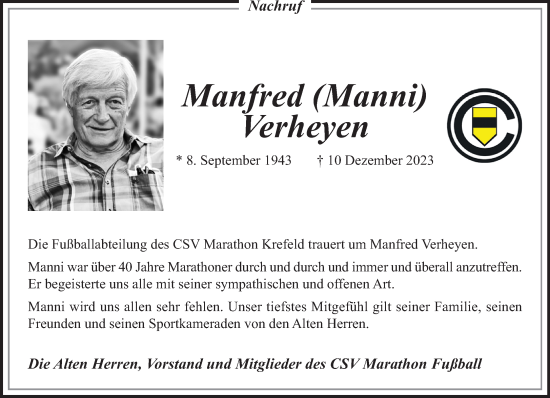 Traueranzeige von Manfred Verheyen von trauer.extra-tipp-moenchengladbach.de