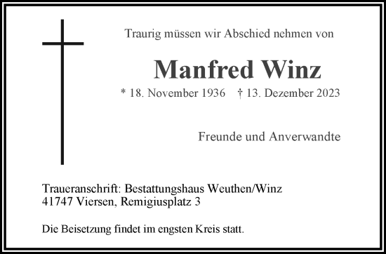 Traueranzeige von Manfred Winz von trauer.extra-tipp-moenchengladbach.de