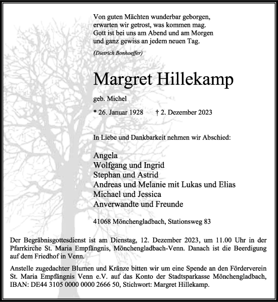 Traueranzeige von Margret Hillekamp von trauer.extra-tipp-moenchengladbach.de