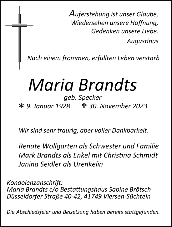 Traueranzeige von Maria Brandts von trauer.extra-tipp-moenchengladbach.de