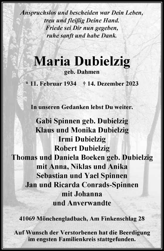 Traueranzeige von Maria Dubielzig von trauer.extra-tipp-moenchengladbach.de