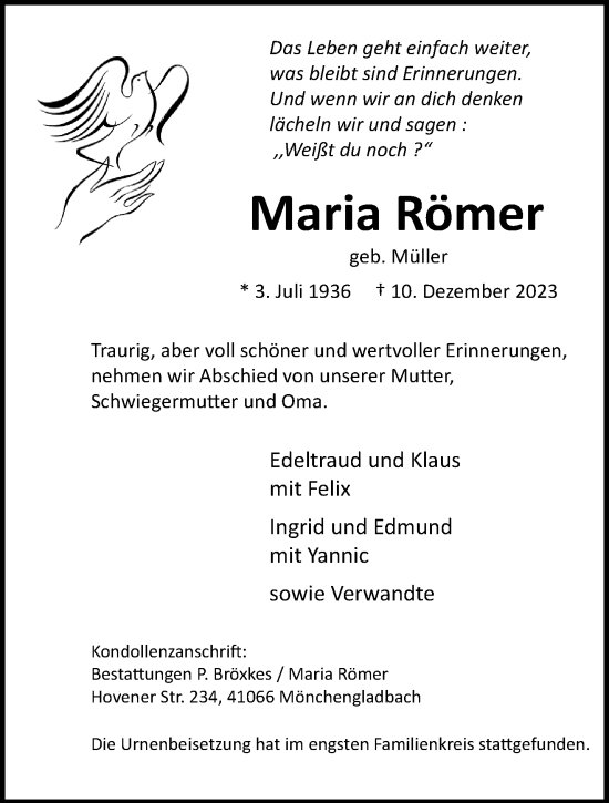 Traueranzeige von Maria Römer von trauer.extra-tipp-moenchengladbach.de