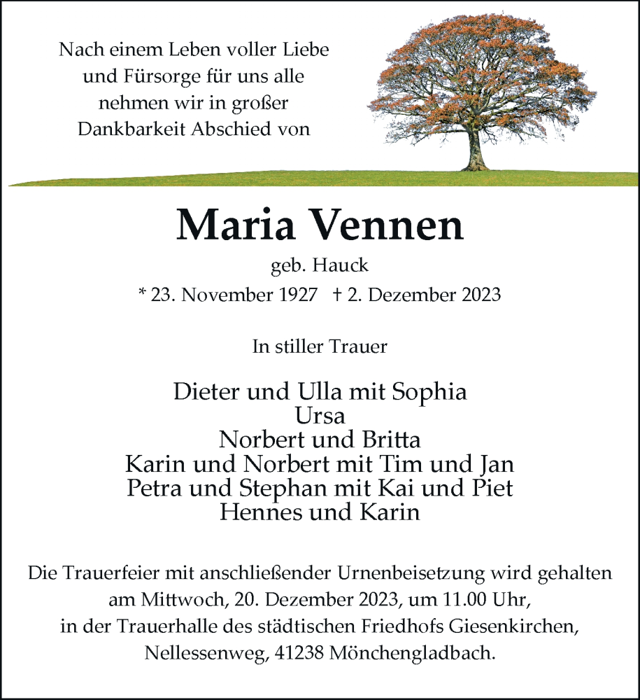  Traueranzeige für Maria Vennen vom 10.12.2023 aus trauer.extra-tipp-moenchengladbach.de