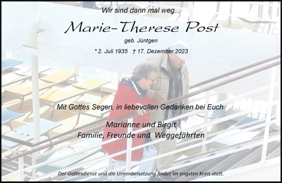 Traueranzeige von Marie-Therese Post von trauer.stadt-kurier.de