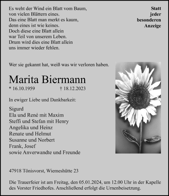 Traueranzeige von Marita Biermann von trauer.extra-tipp-moenchengladbach.de