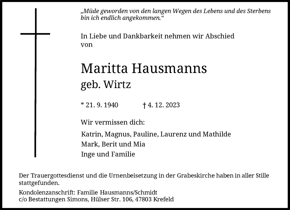  Traueranzeige für Maritta Hausmanns vom 17.12.2023 aus trauer.extra-tipp-moenchengladbach.de