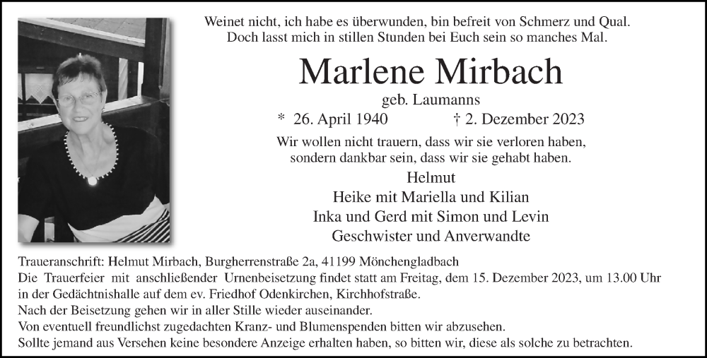  Traueranzeige für Marlene Mirbach vom 10.12.2023 aus trauer.extra-tipp-moenchengladbach.de