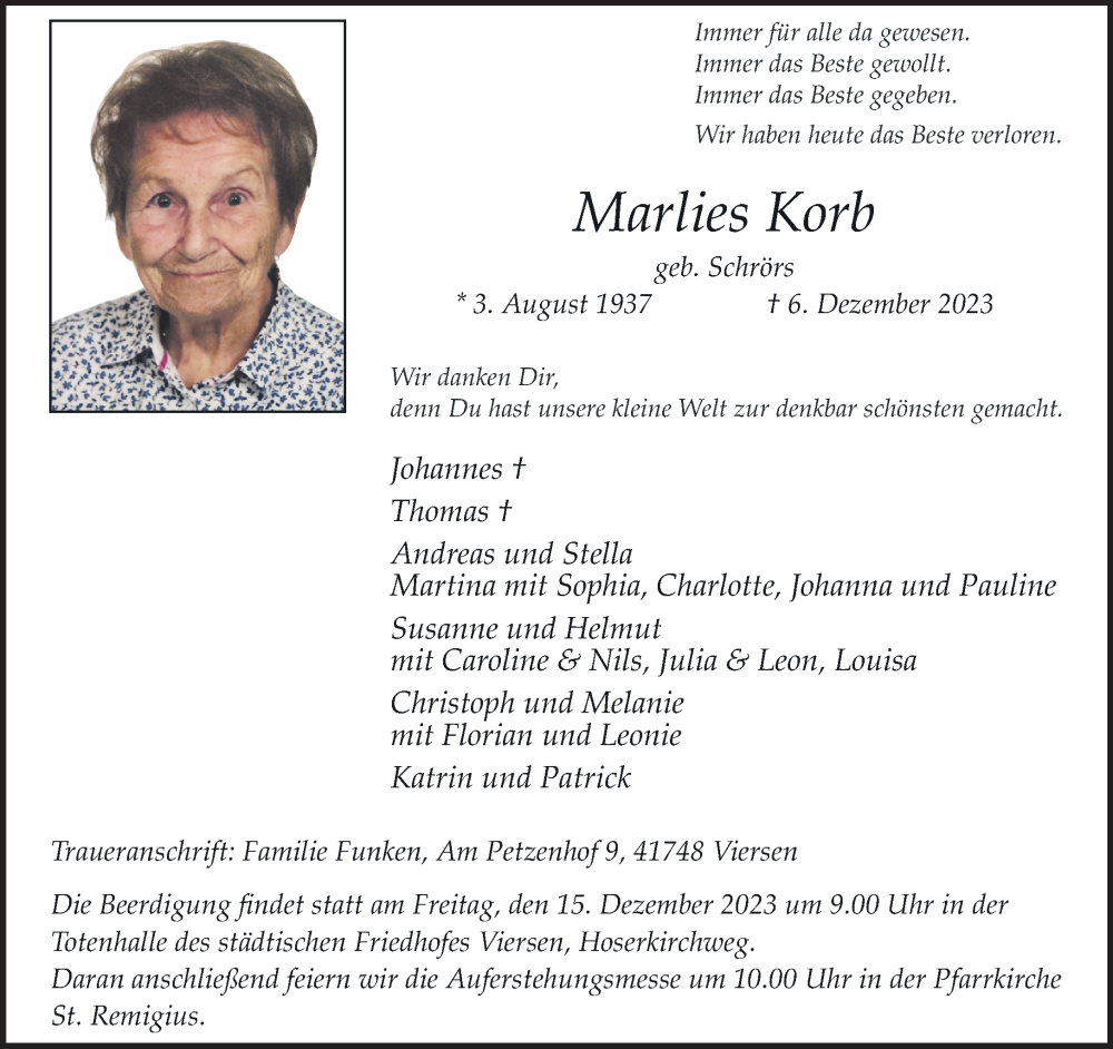  Traueranzeige für Marlies Korb vom 10.12.2023 aus trauer.extra-tipp-moenchengladbach.de