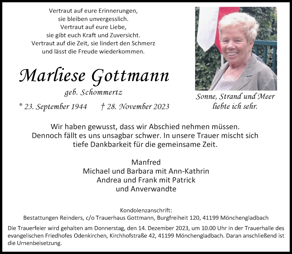  Traueranzeige für Marliese Gottmann vom 03.12.2023 aus trauer.extra-tipp-moenchengladbach.de