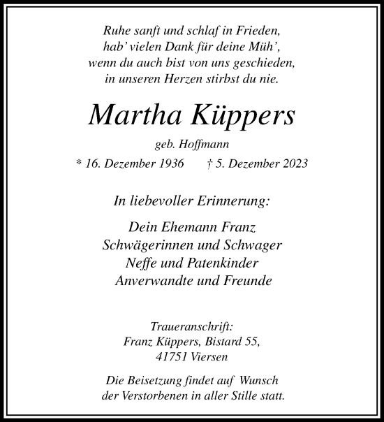 Traueranzeige von Martha Küppers von trauer.extra-tipp-moenchengladbach.de