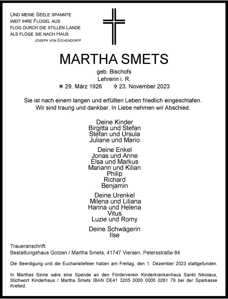  Traueranzeige für Martha Smets vom 03.12.2023 aus trauer.extra-tipp-moenchengladbach.de