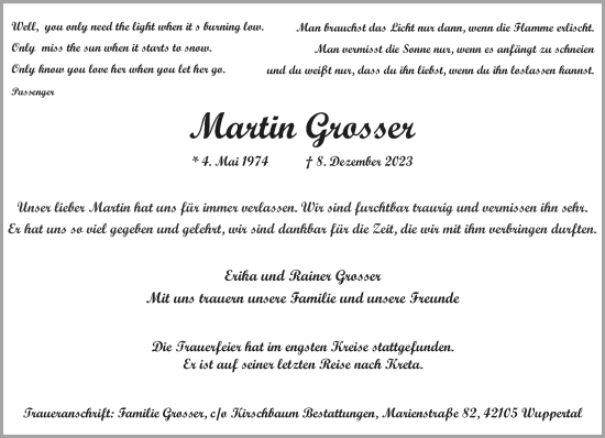 Traueranzeige von Martin Grosser von trauer.wuppertaler-rundschau.de