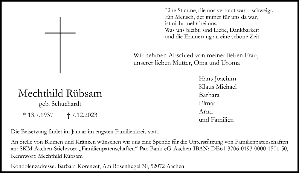  Traueranzeige für Mechthild Rübsam vom 17.12.2023 aus trauer.extra-tipp-moenchengladbach.de