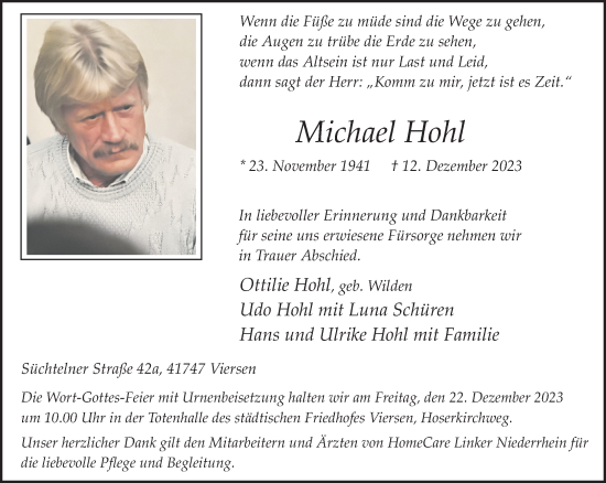 Traueranzeige von Michael Hohl von trauer.extra-tipp-moenchengladbach.de